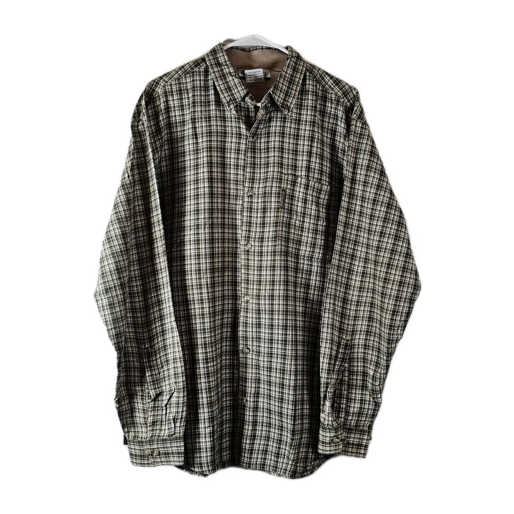 Columbia Men Green Plaid Button-Down Long Sleeve Shirt Size Large Cotton EUC